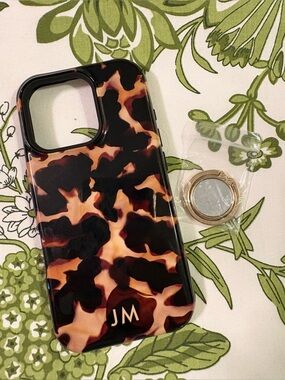 Tortoiseshell iPhone 16 Pro Case with Ring Holder - personalized initials “JM”